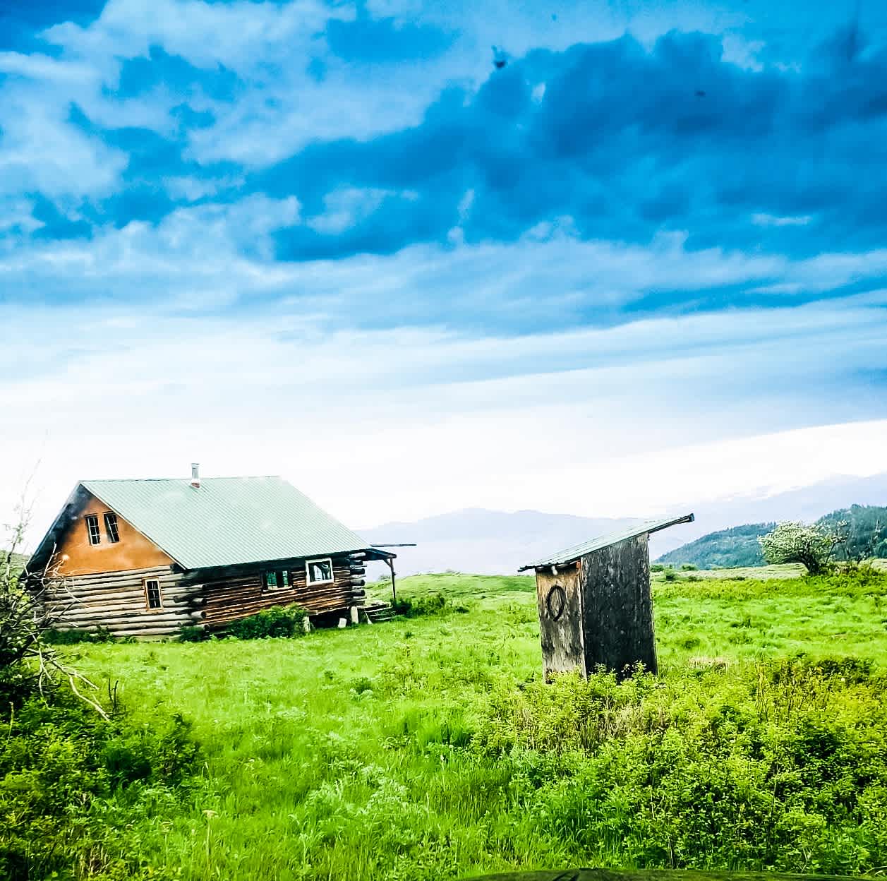 It's a rustic family cabin build at the edge of a meadow