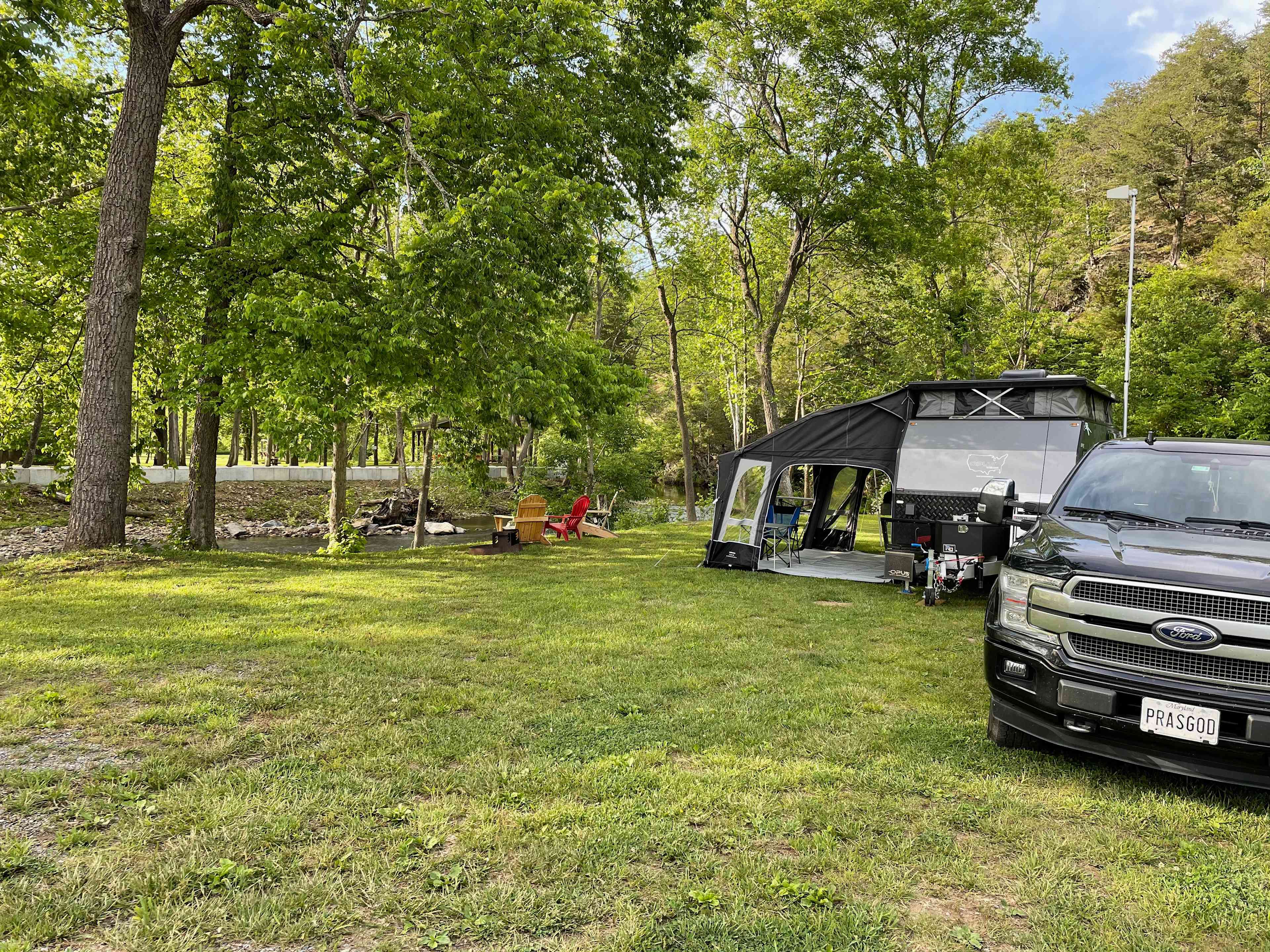 Site 1,  prime spot on the trout stream, with 50A/30A, water, and dump station available on your way out. 