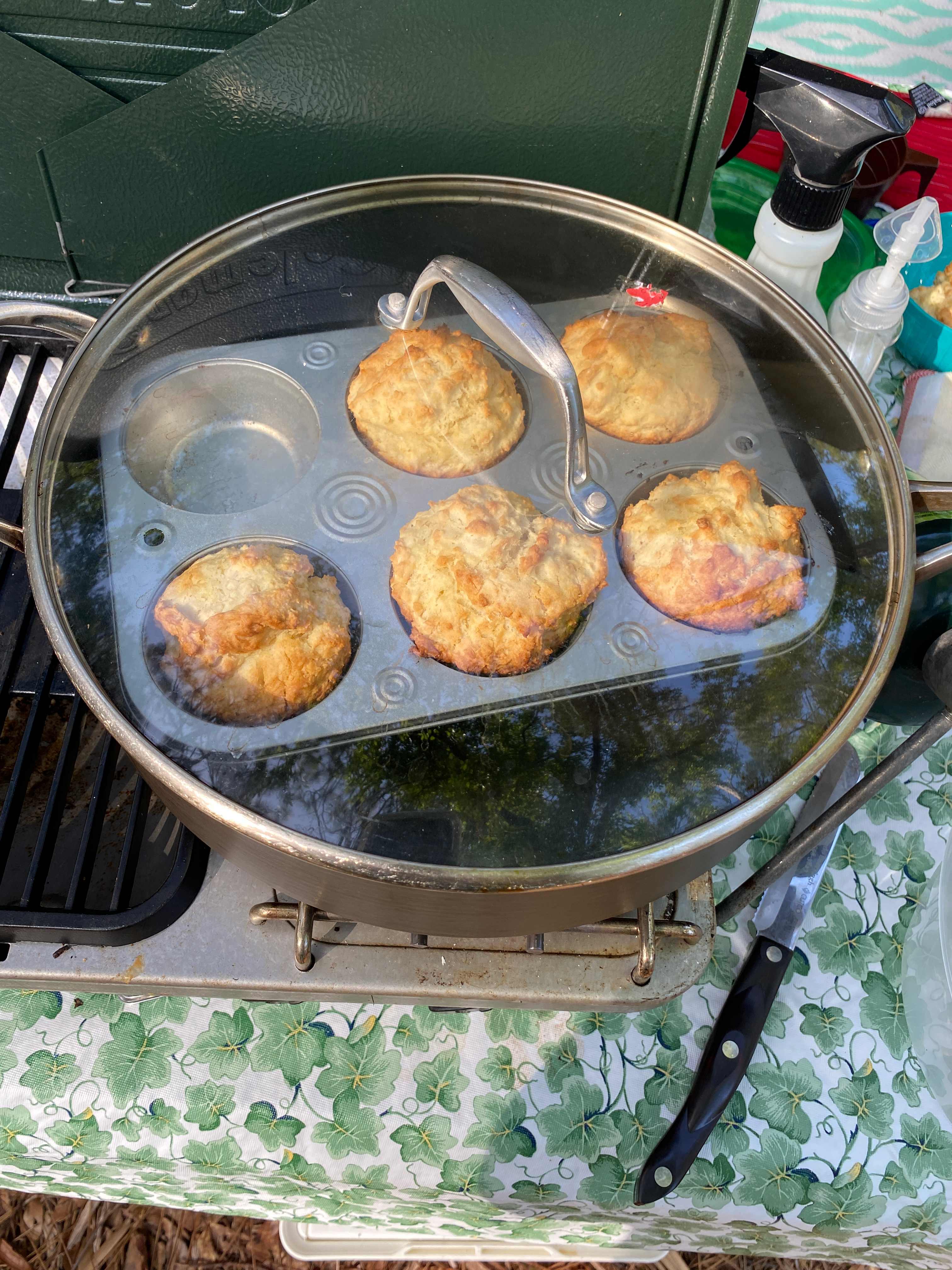 Baking biscuits with the dry heat method on my coleman stove.