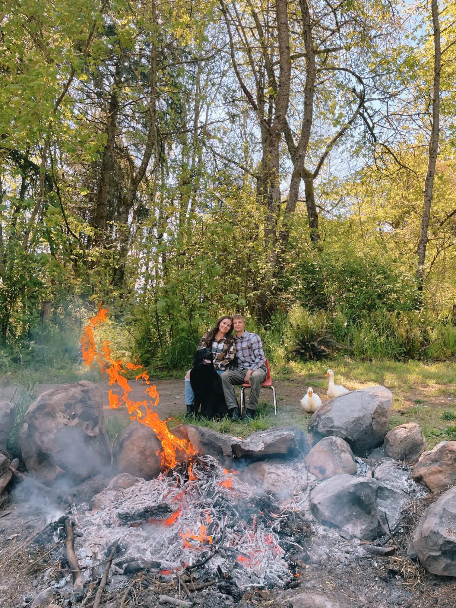 Enjoying a camp fire with  furry and feathered friends 