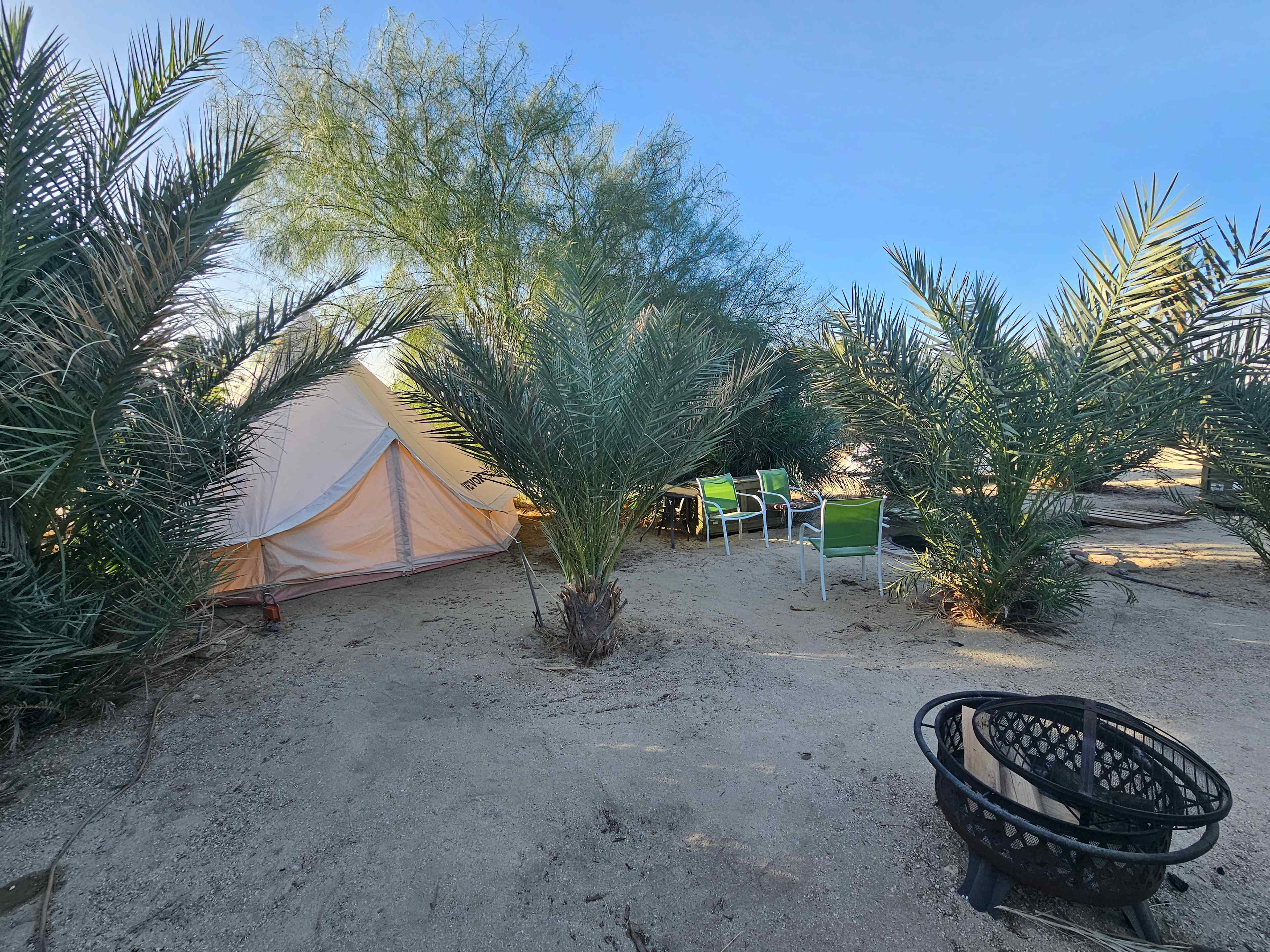 Beautiful clean site with a fire pit, wood, BBQ tables, chairs and a light.