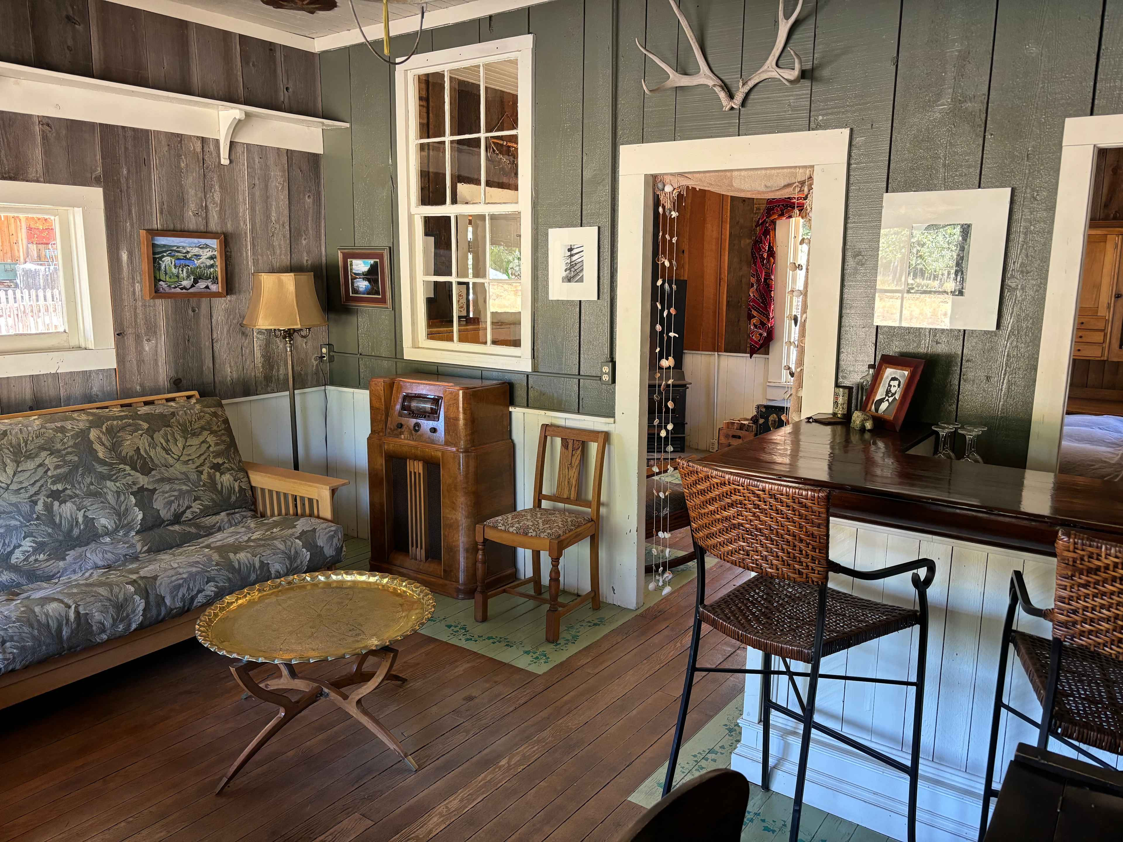 Front room of cabin. Futon couch can fold out for more sleeping space if needed.