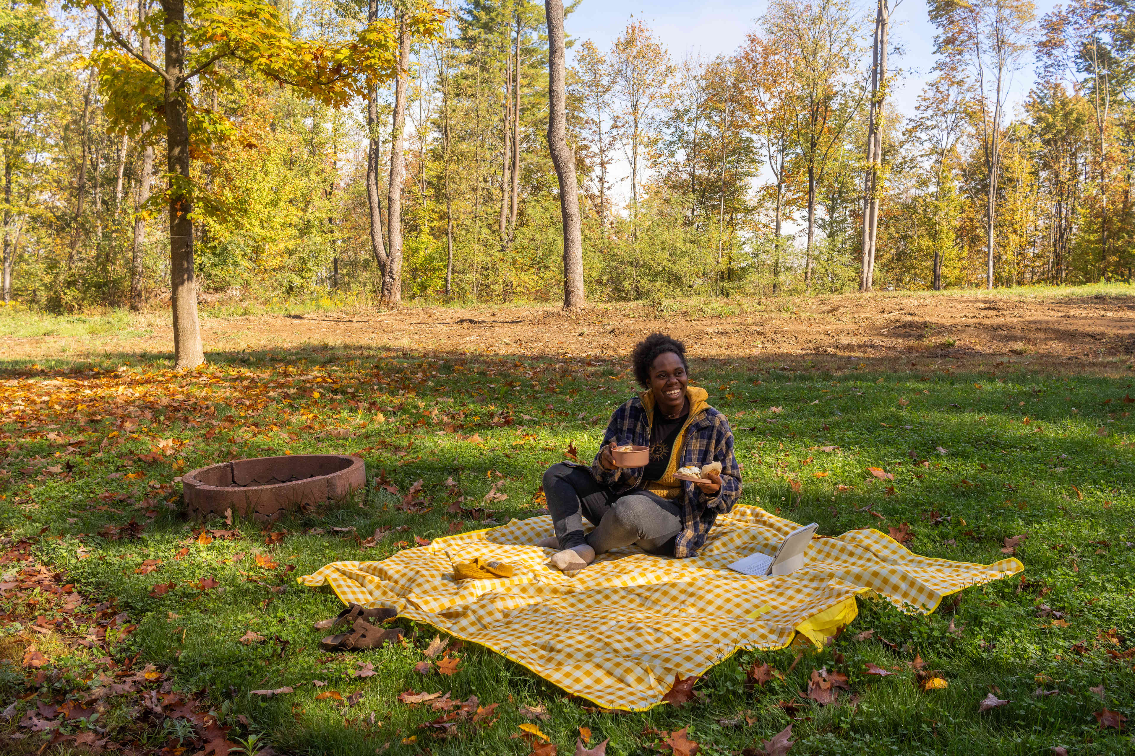 A late afternoon picnic by the firepit