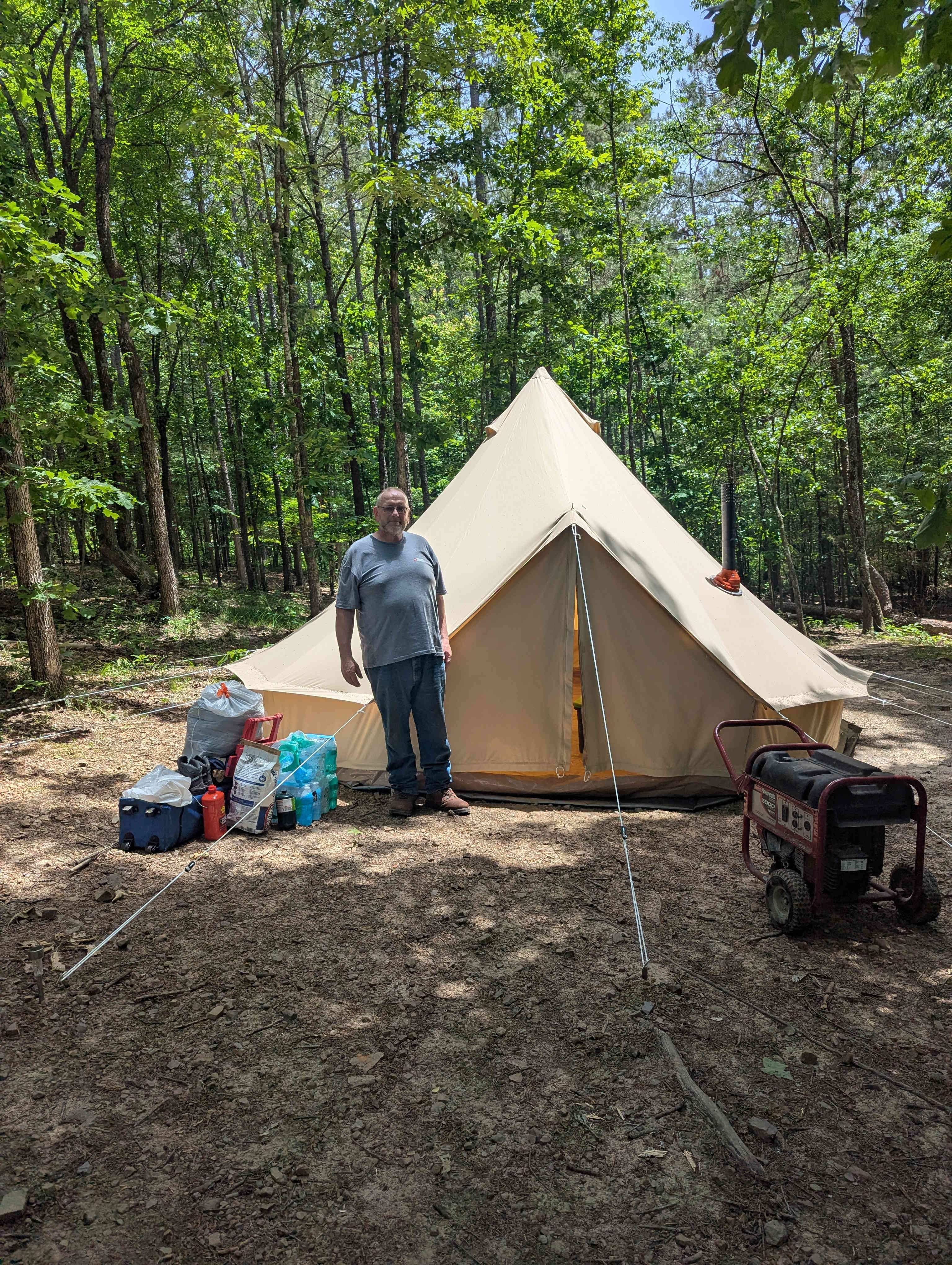 Our huge 16' bell tent to give you an idea of how big the main site is for accommodating large family tents(site is sloped a tad but nothing you can't manage. But do highly recommend a heavy duty tarp as a ground cloth to protect the tent floor as rocks).  