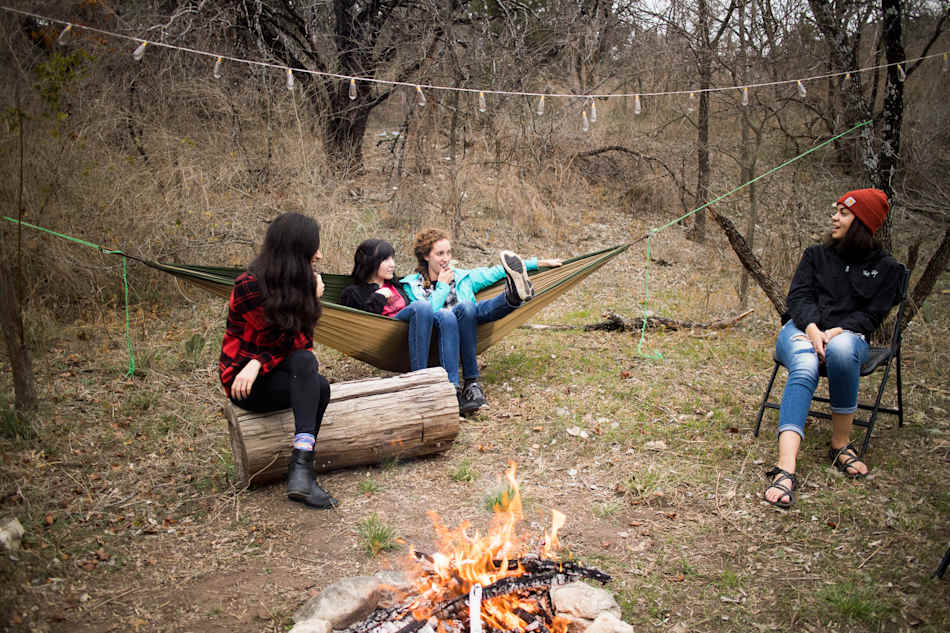 We found some sturdy trees to hang up hammocks and lights! 