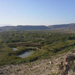 The Rio Grande Village campgrounds from the top of a peak on a short trail on the south side of the campgrounds.