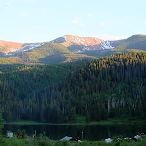 View from path that goes uphill near cabins