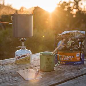 Camp essentials with an amazing sunset