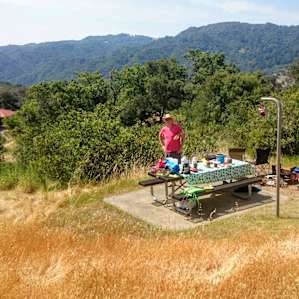 View from the tent to the picnic table on site 60