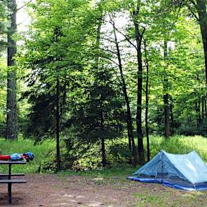 Campsite 047, in the West Loop. The best sites here are located in the outside loop. The ground is nice and soft, with hemlocks and pine surrounding the campground.