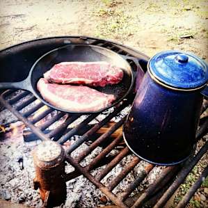 One of my favorite parts of car camping is leaving the dehydrated food at home and grabbing the cast iron out of trunk . After no luck catching trout , we indulged in steak while camping in Camden .