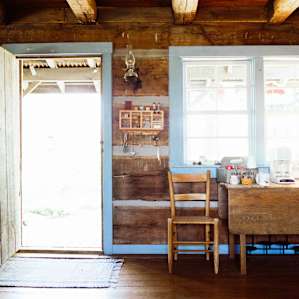 Door to the front porch. The cabin even has a coffee corner! That's always a win.