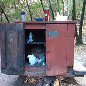 This is the food box, at site #15, which is barely racoon proof and definitely NOT mice-proof. We lost about 1/3 of our food to mice.
They were very cute, the mice, but still.