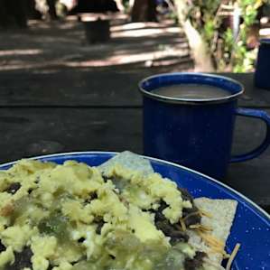 Campsite 38 breakfast of champions; Chilaquiles verdes and cowgirl coffee!