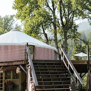 Front entrance to the yurt. (You can take these stairs to the upper level or go in the front door to the bottom level kitchen area, there's also a winding staircase inside that takes you to the second level)