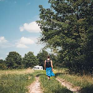 Walking back to our camping spot after exploring the farm.