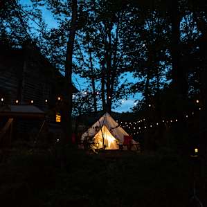Once the sun sets the campsite turns into a magical place with the string lights and lanterns.
