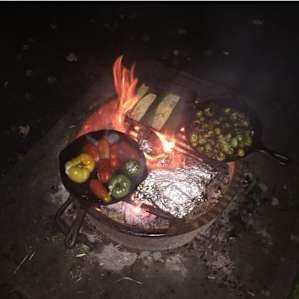 Each campsite is equipped with a large fire pit