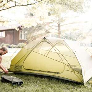 Setting up the tent in the huge, beautiful backyard