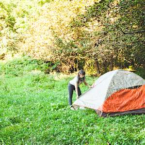 Setting up the tent.