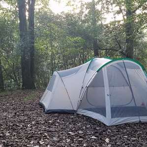 Our tent set up nicely under some trees.