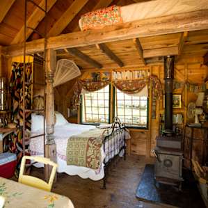 The cabin's interior. Stocked with enough books to keep you busy, if you ever tired of the farm and being within a stone's throw of the coast.