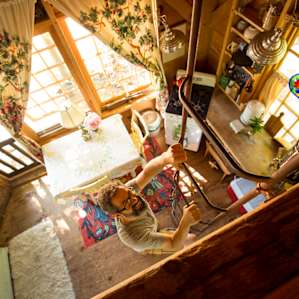 Looking down from the cabin's loft.