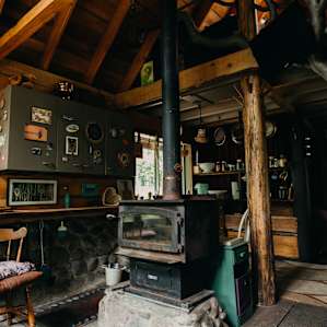 Inside the cozy cabin.