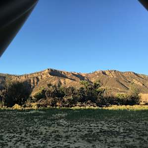 View from our canvas tent with comfy bedding.