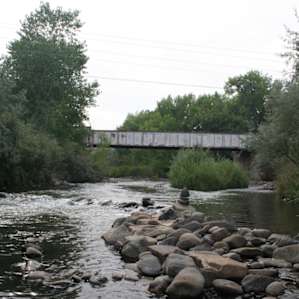 Looking upriver, at railroad bridge (and I-25 just past that)