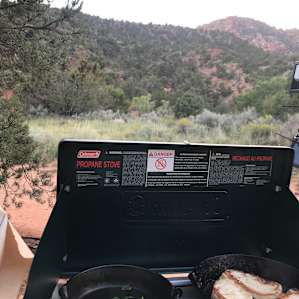 Cooking outside in front of the tent