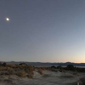 View from Mono Camp at sunset, with the moon over the lake — I didn't even need to use a headlamp much after dark because the moon was so bright out there