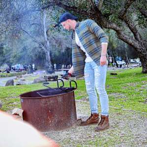 Cooking up some chicken sausage over a nice campfire at Arroyo Seco campground.