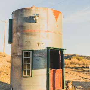 Golden Hour at the Glamp Tank. Truly one of the coolest structures I've seen on Hipcamp—and one of the warmest spots on the property. (You get that late afternoon sun.)