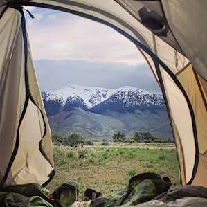 View from our tent. The space was able to accommodate an RV + tent for 4 adults, 2 dogs, 1 baby