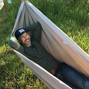 Enjoying the hammocks in the communal space before breakfast