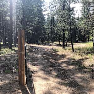 View of the camp from the gate, parking spot to the left beyond the port-a-potty, and the site is a little further back. Everything is spaced out nicely.