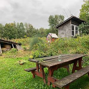 Compost toilet and picnic table.