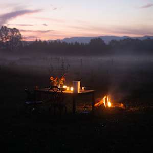 Dinner in the fog by the fire.