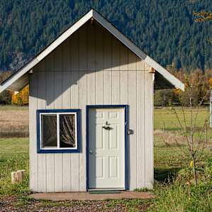 Exterior of tiny A-Frame with heated full bath.
