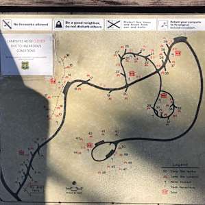 Map of camp sites. Site #34 had LTE and a single cell bar for both ATT and Verizon. Not all camp sites have cell service though.