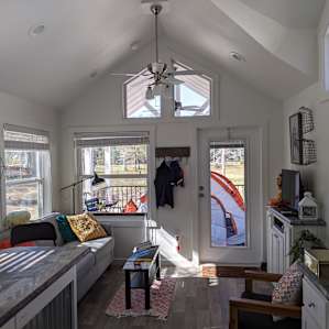 Main room is spacious, airy and has high ceilings, lets in lots of natural light