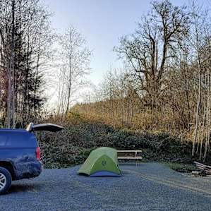 The campsite has a picnic table, fire area and a (very clean) outhouse
