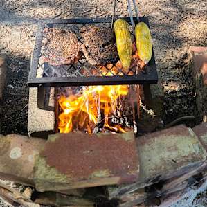 The grill is ours but the firepit is on site. A great place for an amazing meal. The hosts were kind enough to supply firewood AND fatlighter to get the fire going.
