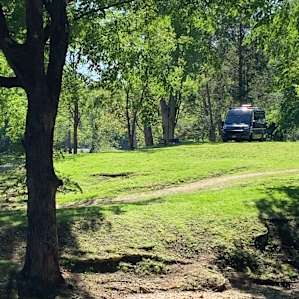 There is a cleared path in front of canoe to easily drive down to lower area right on the river.