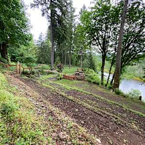 View downhill, terraced hillsides and “the plank”