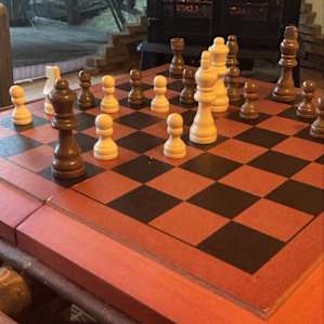 We brought our own chess board, but the electric fireplace came included.