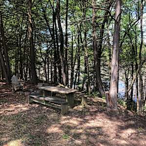 The site includes a fire pit with grill, picnic table, and chair.