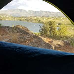 View out of the back of our tent. (Roses lake)