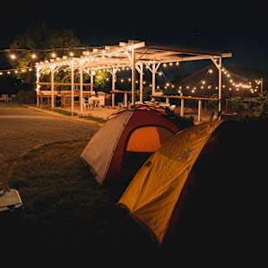 There's a great outdoor patio that is great for cooking and eating under. String lights throughout the entire property helps make it easier to see without having to throw on a headlamp! We turned them off before going to sleep!
